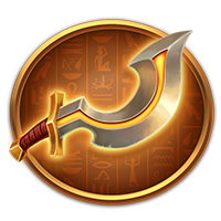 金邊彎刀在橙光背景中閃耀，烈焰氣息騰起，象徵勝者之刃。