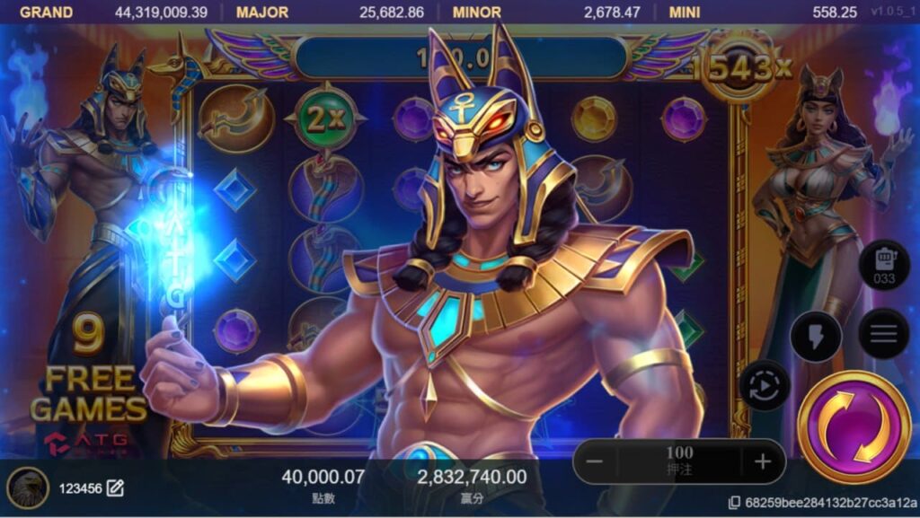 戰神賽特揮舞藍焰權杖，胸甲閃耀金光，戰鬥姿態展現力量與自信。