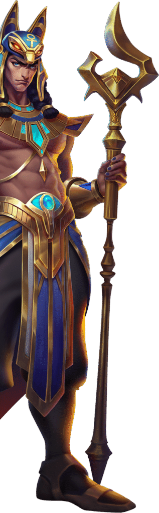 戰神賽特立繪，身著金藍戰甲，手持權杖釋放藍焰能量，展現威嚴與力量。