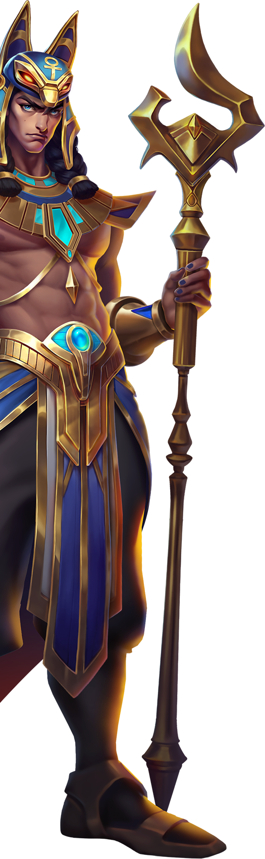 戰神賽特立繪，身著金藍戰甲，手持權杖釋放藍焰能量，展現威嚴與力量。