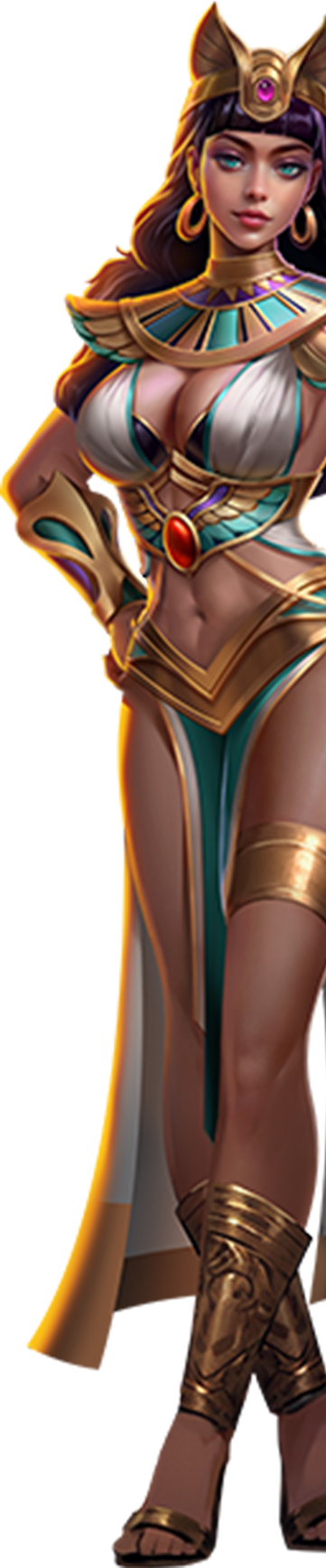 埃及女神葡塔立繪，全身金甲與碧綠布紋交錯，手持紫焰展現覺醒之力。